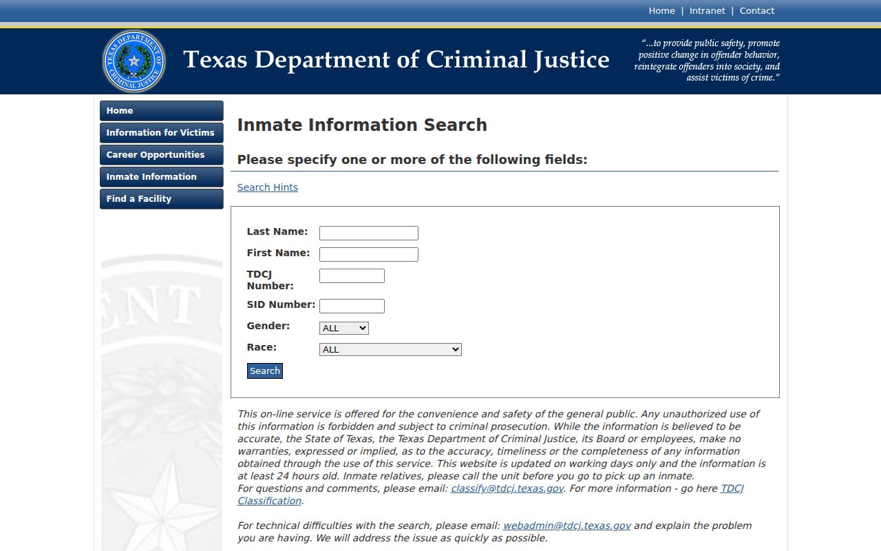 Jackson County arrest lookup TDCJ inmate search fields