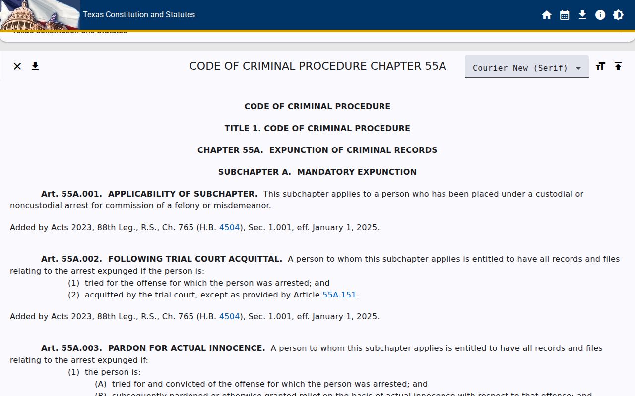 Jackson County criminal court cases Texas Chapter 55A access rules