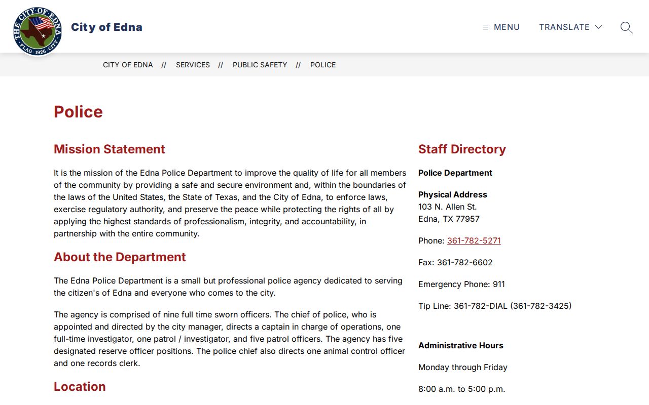 Edna criminal records at the Edna Police Department