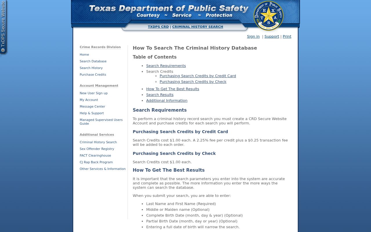 Jackson County criminal history DPS search credit instructions