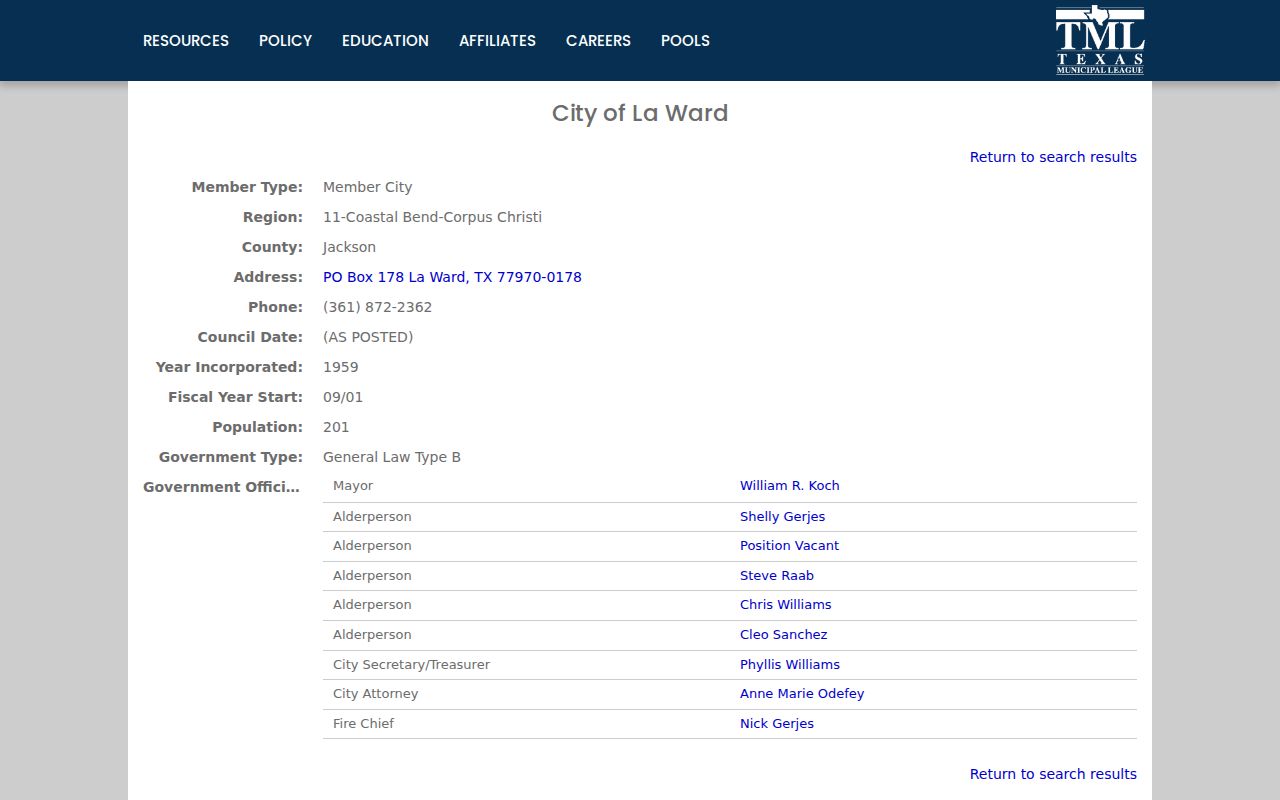 La Ward criminal records Texas Municipal League city profile