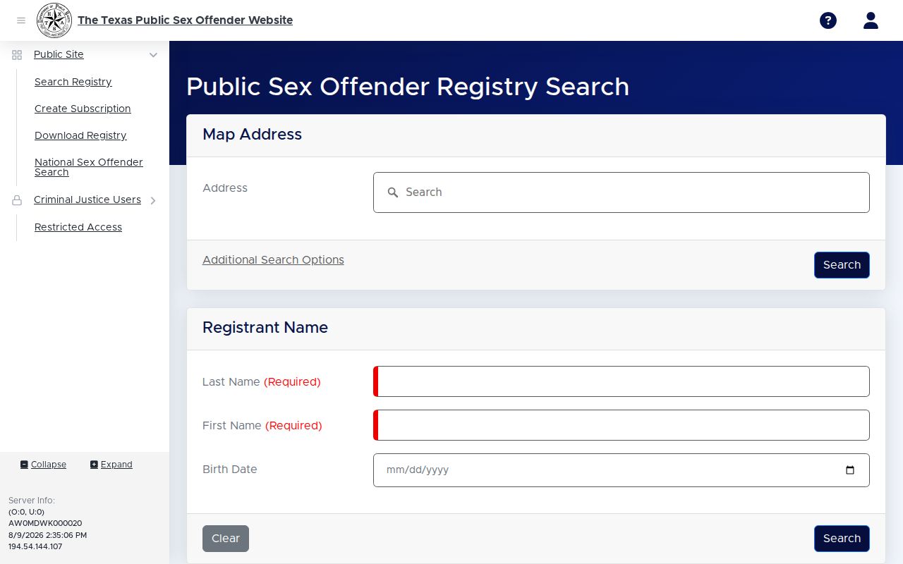 Jackson County sex offender search fields on the Texas registry