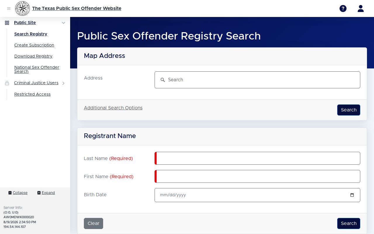 Jackson County sex offender registry profile interface fields